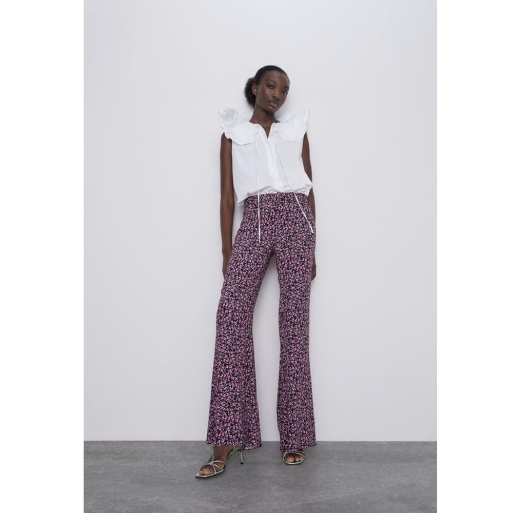 Zara Floral Flare Pants Small Pink Purple High Rise Elastic Waist 70s flower